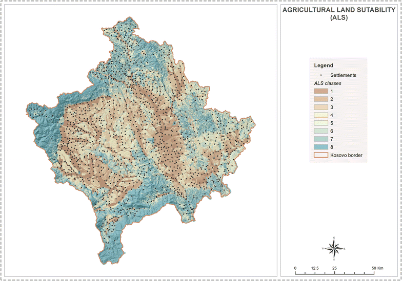Thematische Eignungskarte für landwirtschaftliche Böden, erstellt durch vierekriterielle Analyse